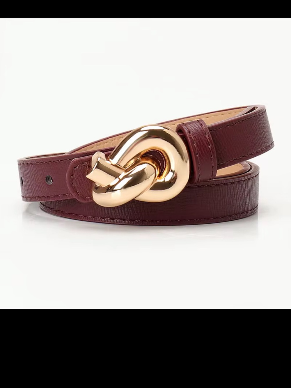 Women’s Burgundy Knot-Detail Leather Belt with Gold Buckle
